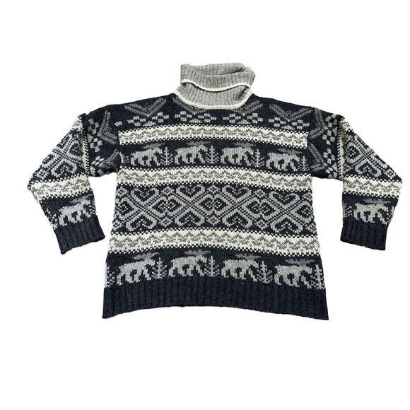 Eddie Bauer 100% Wool Sweater Vintage 1992 Fair Isle Moose Print Gray Large - Picture 1 of 6